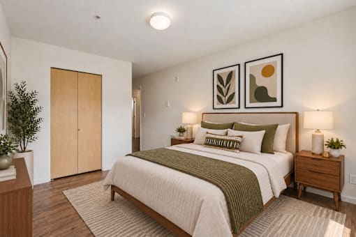 A bedroom with a bed, nightstand, and framed pictures on the wall.