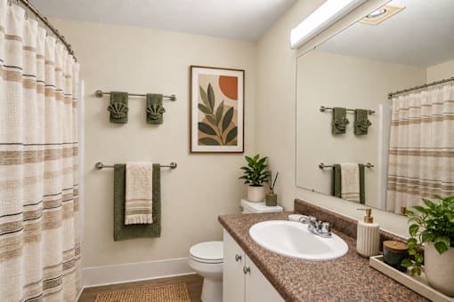 A bathroom with a toilet, sink, mirror, and a plant.
