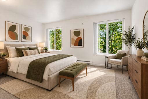 A bedroom with a large bed, a bench, and a chair.