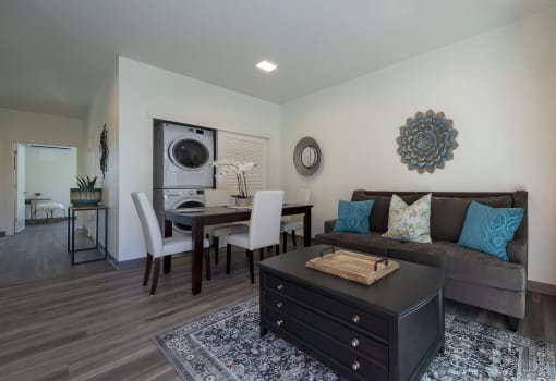 a living room with a couch and a table with a washer and dryer at ROCKY HILL VETERANS HOUSING, VACAVILLE