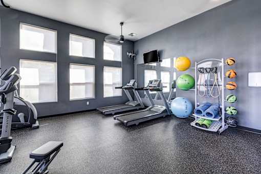 A gym with treadmills, weights, and exercise balls at AGAVE APARTMENTS, Elk Grove, 95757