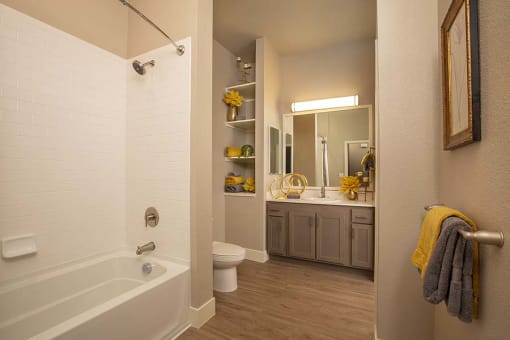 Bathroom tub and vanity l Alira Apartments for rent in Sacramento Ca