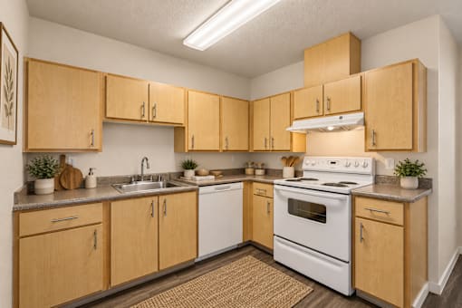 A kitchen with wooden cabinets and a white stove top oven.