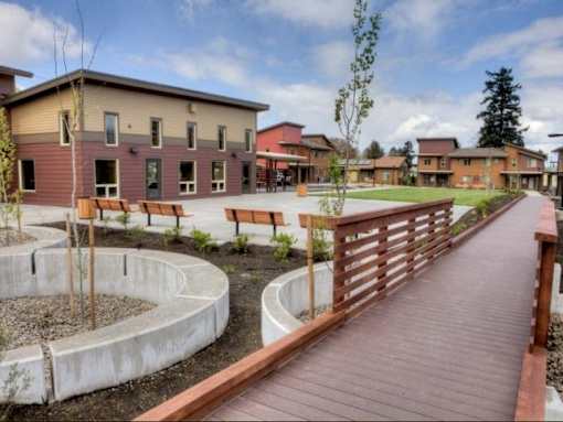 A wooden walkway at Bridge Meadows North Portland 55+, Oregon, 97203
