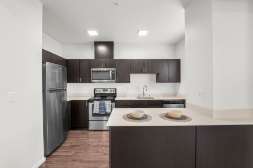 Apartments Olympia WA - Briggs Village - Kitchen Area with Stainless-Steel Appliances, Spacious Counterspace, and Dark-Wooded Cabinetry