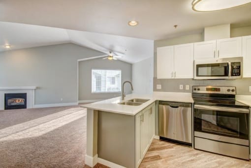 Clock Tower Village kitchen with stainless steel appliances and double sinks