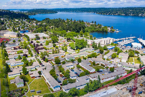 Drone View at Lake Washington Apartments, Seattle, 98118