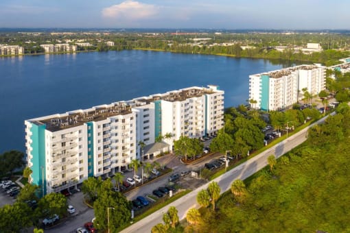 Ariel view of building and water at Aqua 2800, Oakland Park