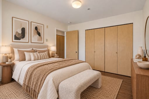 A bedroom with a large bed and two nightstands.