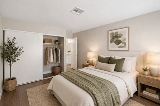 Bedroom with open closet and neutral decor at Dash Apartments, Las Vegas, NV