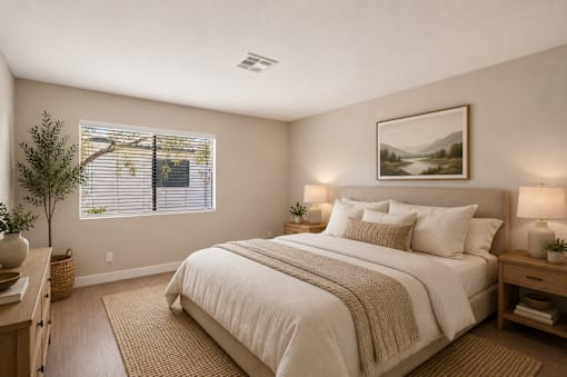 Bedroom with neutral tones and natural light at Dash Apartments, Nevada, 89104
