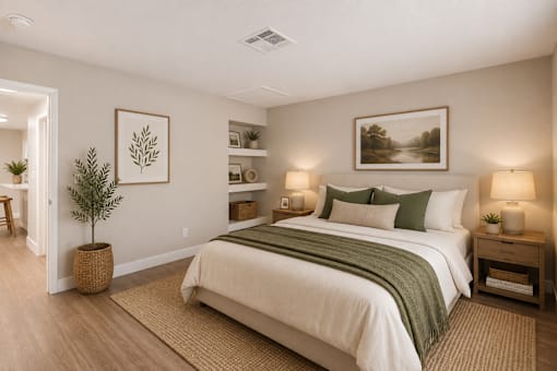 Spacious bedroom with natural wood flooring at Dash Apartments, Las Vegas, NV 89104