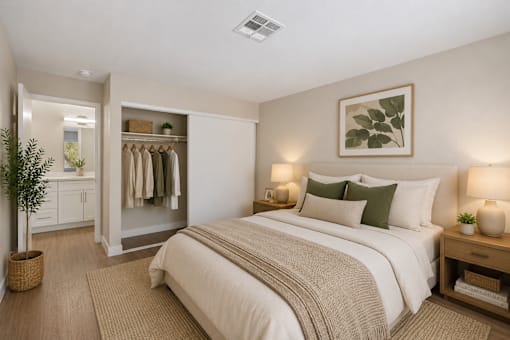Bedroom with walk-in closet and ensuite bathroom at Dash Apartments, Las Vegas, NV