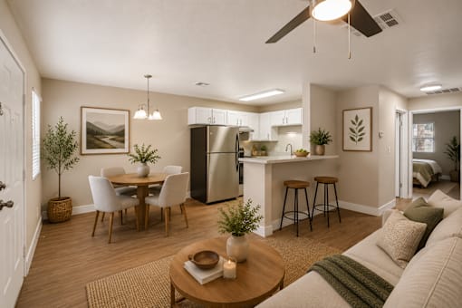 Open floor plan with kitchen and dining space at Dash Apartments, Las Vegas, 89104