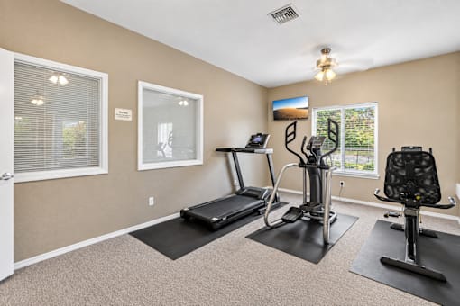 A home gym with a treadmill, exercise bike, and weights.