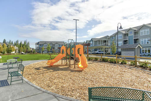 Olympia WA Apartments for Rent - Briggs Village - Playground Area with Yellow Slides, Tables, and Chairs