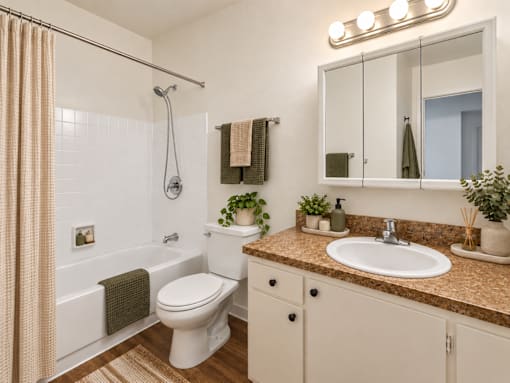 A bathroom with a white toilet, a brown countertop, and a brown shower curtain.