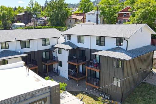 exterior of the building with patio and balcony at FIRE TOWER Apartments, HELENA