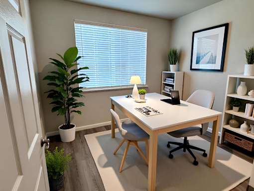 A white desk with a chair and a potted plant in a room at Cottages at Laguna, Sacramento, CA