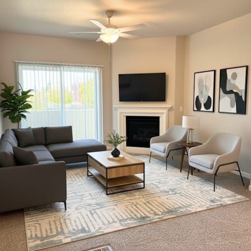 A living room with a grey couch, a coffee table, a fireplace, and a television at Laguna, 95823