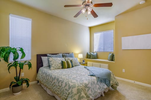 Elk Grove CA Luxury Apartments - Castellino at Laguna West - Bedroom with Plush Carpeting, Ceiling Fan, and Side Windows