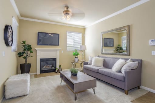 Elk Grove Apartments- Castellino at Laguna West- Modern Decor with Fireplace and Wood-Style Floors