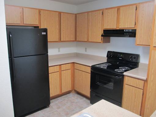 A black refrigerator and oven in a kitchen with wooden cabinets.