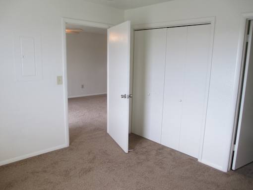 A white room with a carpeted floor and a white door.
