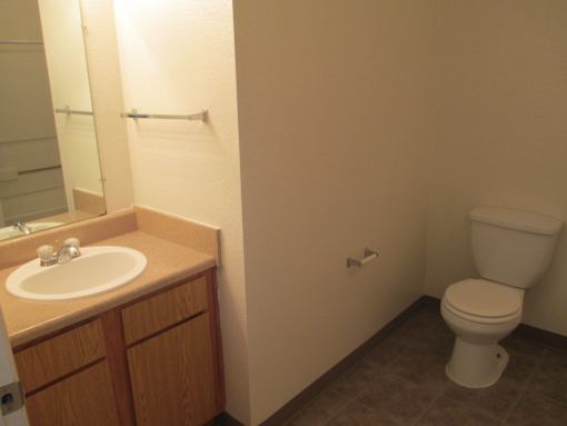 A white toilet sits in a bathroom next to a sink.