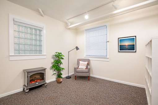A living room with a grey couch, a plant, a fireplace, and a painting on the wall.at Palladian Apartments, Portland, 97201 ? 