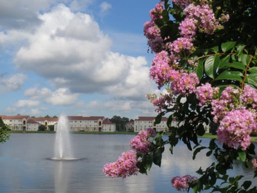 Mission Pointe apartments lake views and community exterior with fountain at Mission Pointe Apartments, Jacksonville