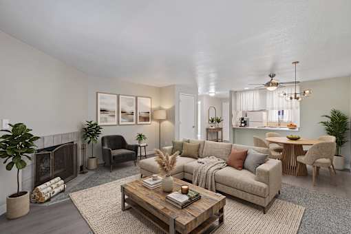 A living room with a fireplace and a couch.