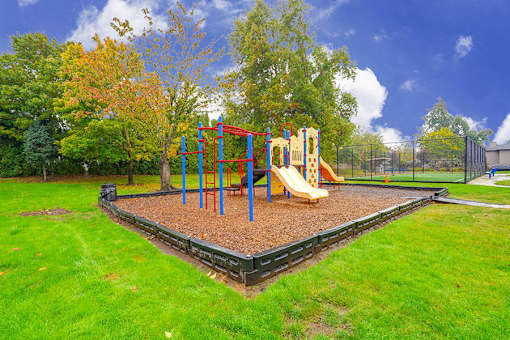 A playground with a red and yellow slide and a blue and yellow climbing frame.