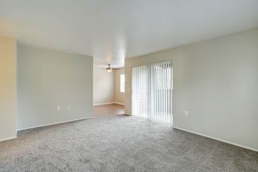 A room with a carpeted floor and a window with blinds.