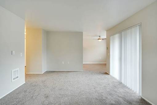 A room with a carpeted floor and a ceiling fan.
