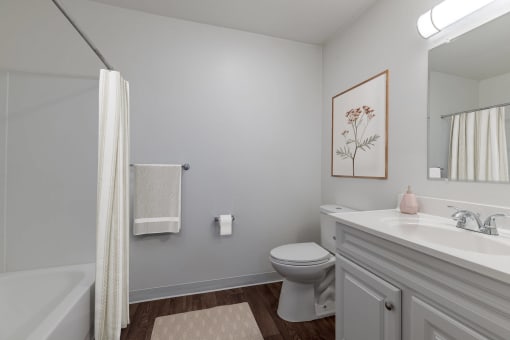 a bathroom with a toilet sink and shower and a mirror