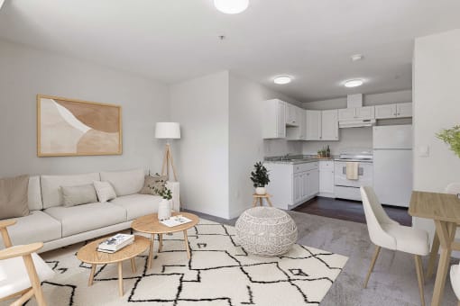 a living room with a couch and a table