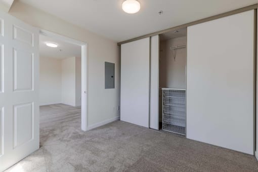 a bedroom with a closet and a laundry room