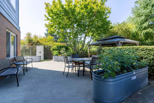 a patio with tables and chairs and a gazebo