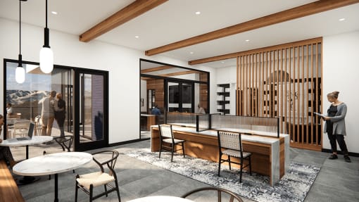 a rendering of a hotel lobby with a bar and tables