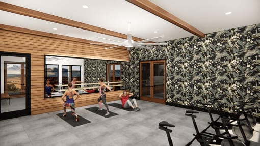 a rendering of a fitness room with floral wallpaper and a ceiling fan