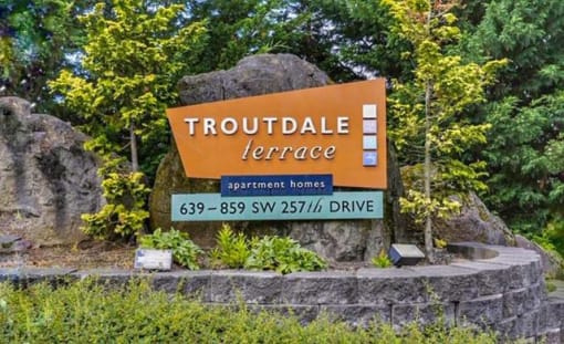 a sign for trouble terrace in front of some trees at Troutdale Terrace, Troutdale