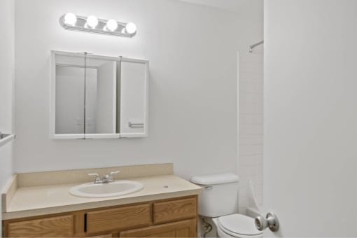 a bathroom with a sink toilet and a mirror at Whisperwood, Seattle