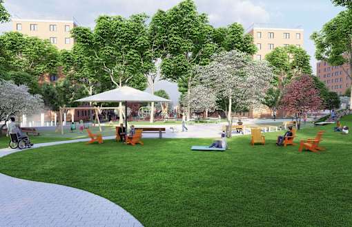 A park with a gazebo, benches, and trees.