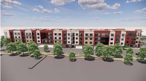 A 3D rendering of a row of townhouses with trees in front at Vintage at Lockwood Apartments, Oxnard, CA
