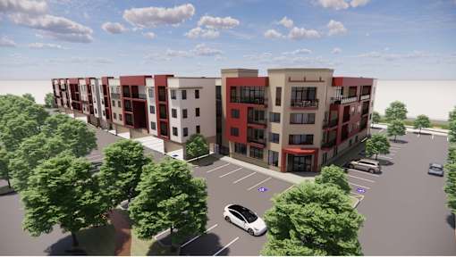 A rendering of a modern apartment complex with a parking lot in front. at Vintage at Lockwood Apartments, Oxnard, CA, 93036