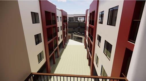 A balcony with a railing is surrounded by red and white buildings at Vintage at Lockwood Apartments, California, 93036
