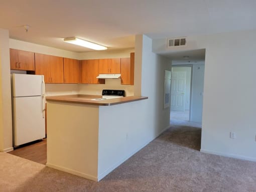 Full size kitchen overlooking living area at DOVER WOODS SENIOR APARTMENTS, California, 94533