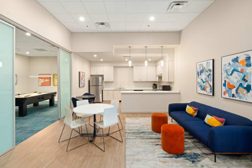 Community Lounge with seating and kitchen