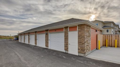 Row of garages at Salish Flats APARTMENTS, Airway Heights, WA